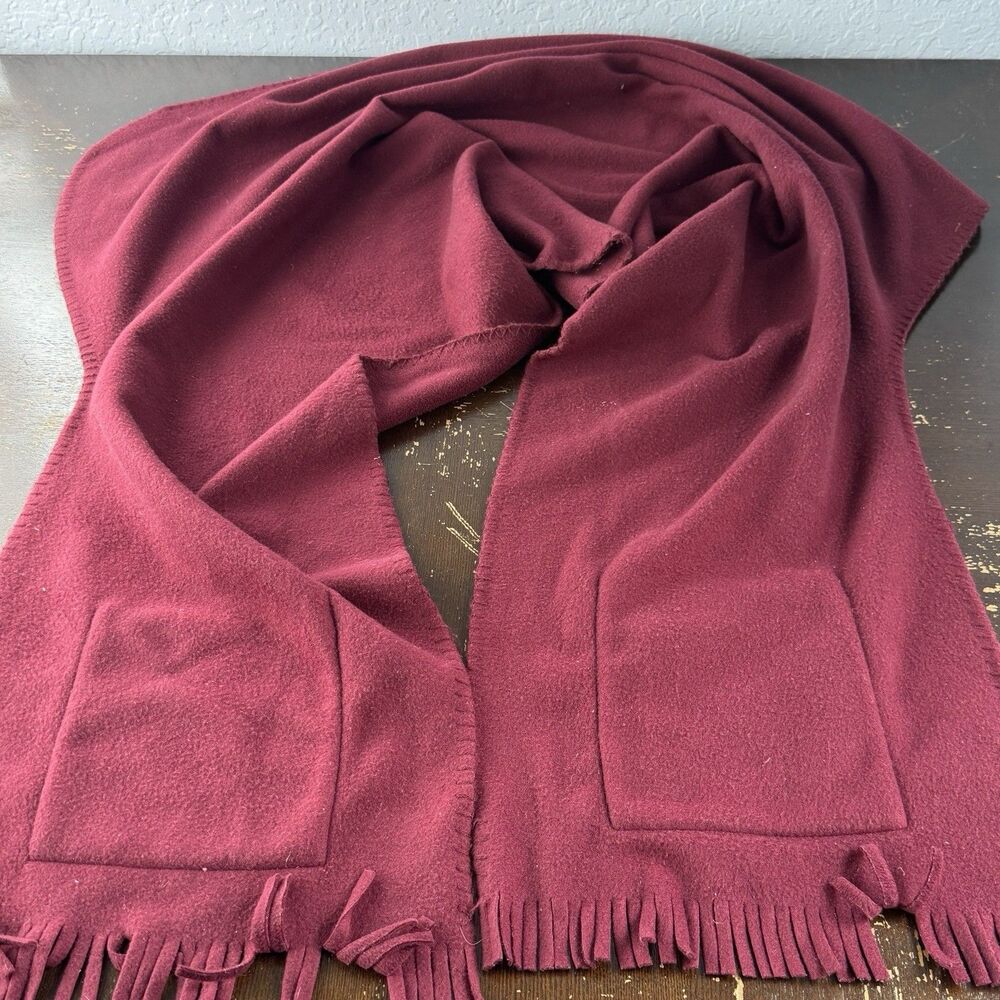 Soft Plush Scarf Big 72”x27” With Pockets & Tassels Maroon - Picture 2 of 5